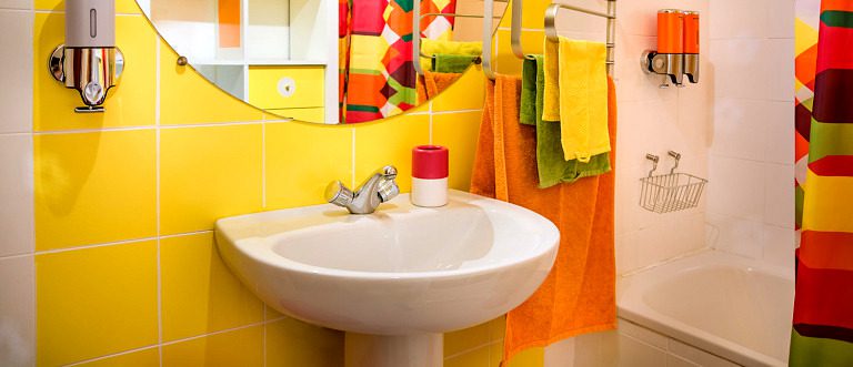 Bright, colorful bathroom