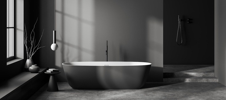 dark bathroom ideas, home decor: opt for a dark wall, bathtub and rug
