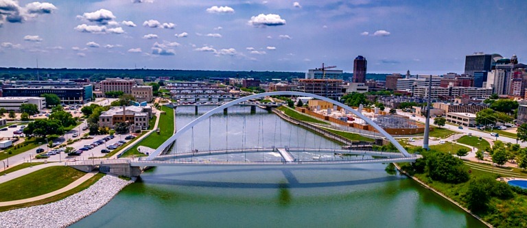 Drone view of Des Moines on a clear Iowa day