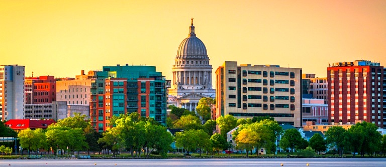 Madison skyline during a stunning Wisconsin sunset