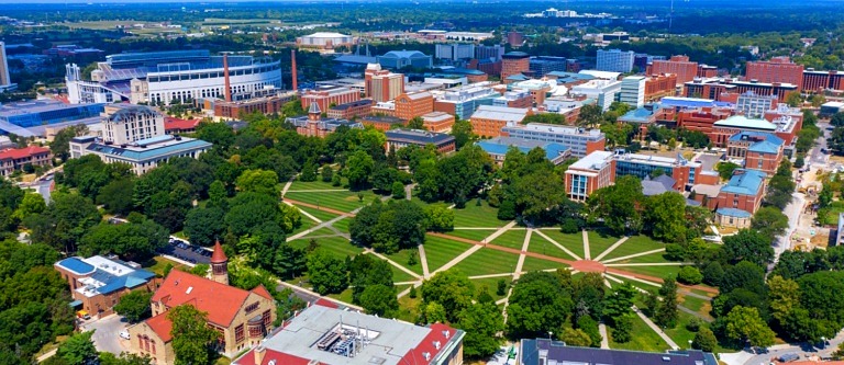 Aerial view of Columbus and The Ohio State University on a sunny day in the Midwest
