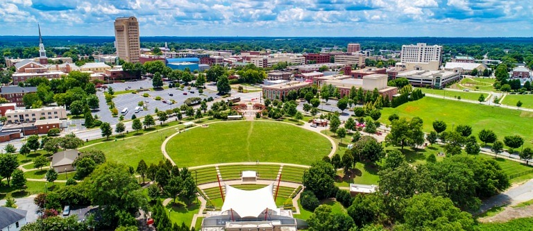 Drone view of the Spartanburg area surrounding Wofford College in Upstate South Carolina
