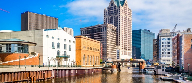 View of downtown Milwaukee, WI from the river