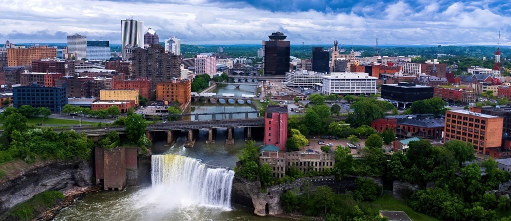 Aerial view of Rochester, NY during a stunning sunset