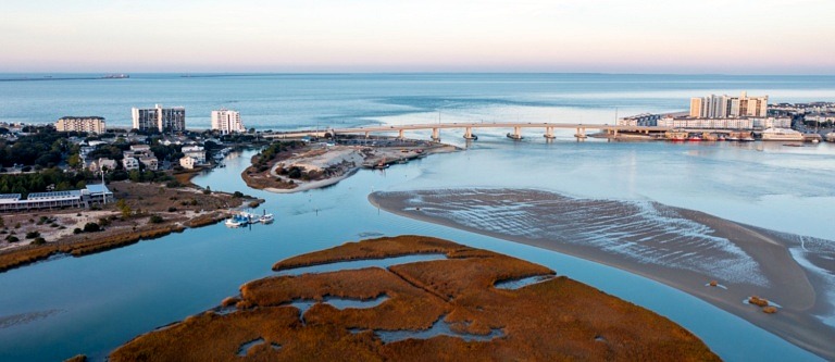 Drone view of Virginia Beach on clear day in VA