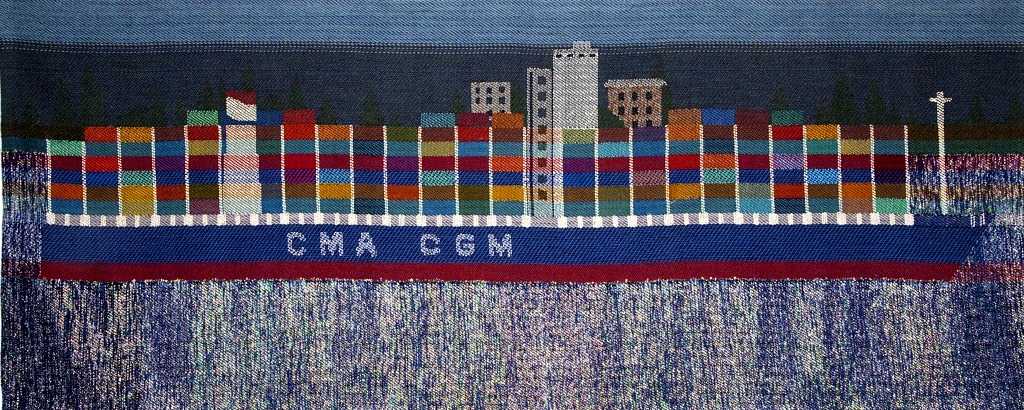 A woven tapestry of a ship