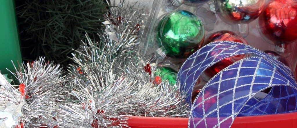 Holiday decor in storage bins