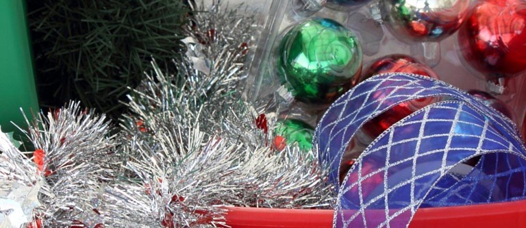 Holiday decor in storage bins